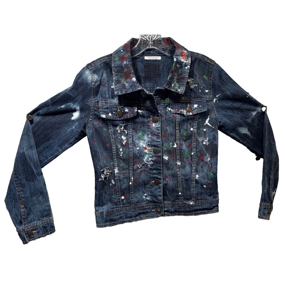 Jean Jacket Hand Painted Embellished Miami Cityscape Pocket One of A Kind - Picture 15 of 16